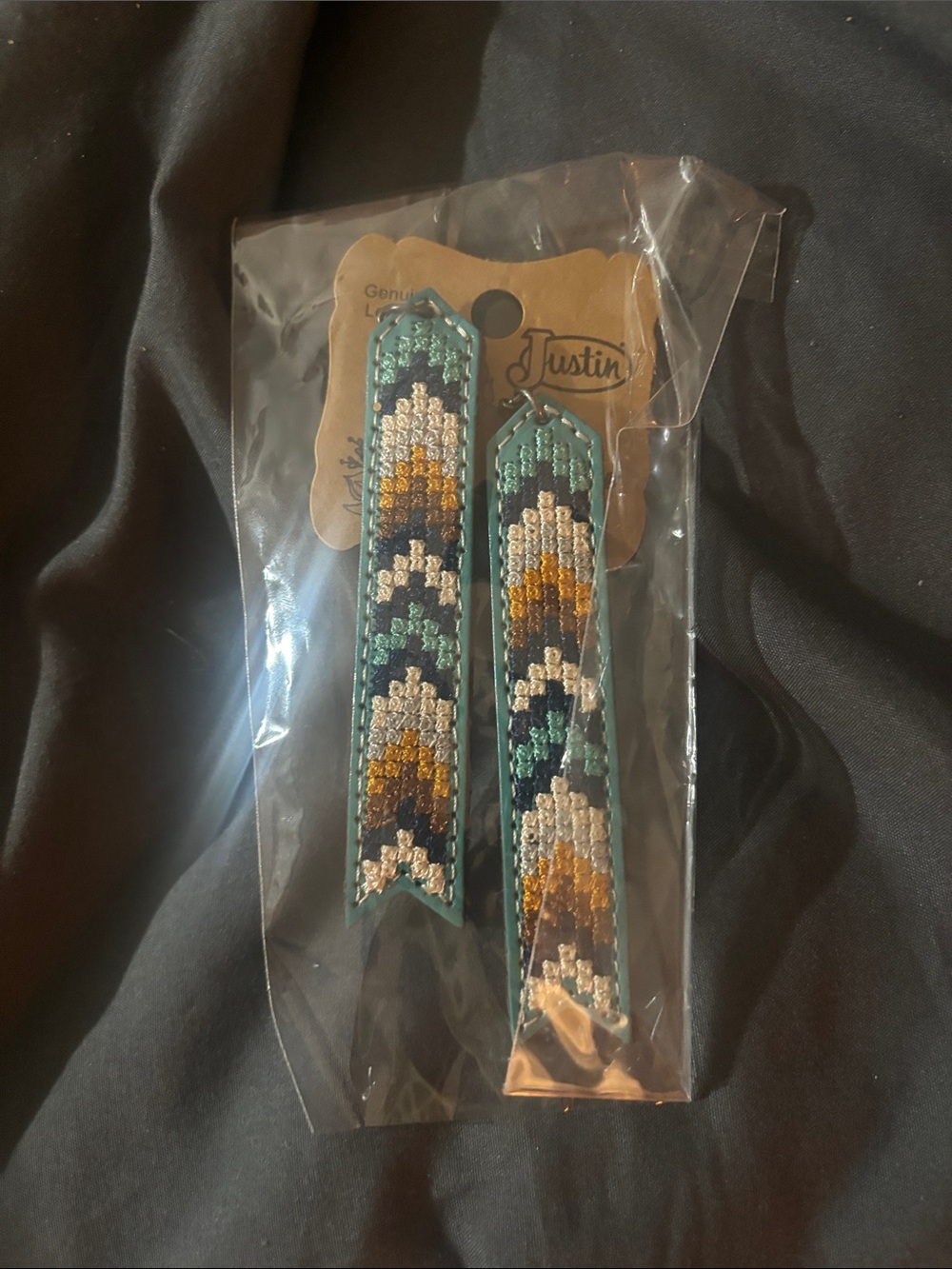 Justin Boots Teal, Gold, Navy and Cream Beaded Leather Earrings
